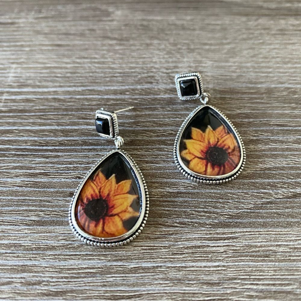 Free People Silver Teardrop Sunflower Drop Earrings - Black, Yellow, Orange